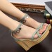 Women's Shoes - Summer Women Sandals High Wedges PU Leather Cross-over Strap Shoes Green