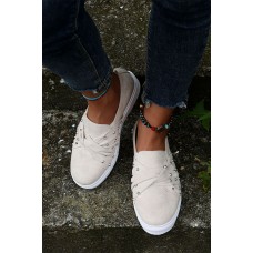 White Round-toe Suede Leather Splicing Chic Studded Slip-on Sneakers