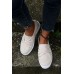 Women's Shoes - White Round-toe Suede Leather Splicing Chic Studded Slip-on Sneakers