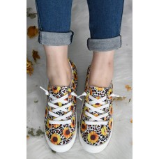Yellow Sunflower Leopard Print Lace-up Round Toe Sneakers