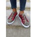 Women's Shoes - Red Plaid Leopard Patchwork Flat Sneakers