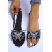 Slippers - Black Rhinestone Butterfly Applique Wide Strap Slippers