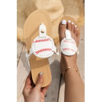 White Baseball PU Leather Flip Flops