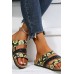 Slippers - Black Sunflower Print Sparkly Buckle Strap Slippers