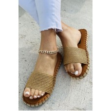 Khaki Straw Woven Linen Slippers