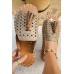 Slippers - Khaki Fringed Hollow PU Open Toe Slipper