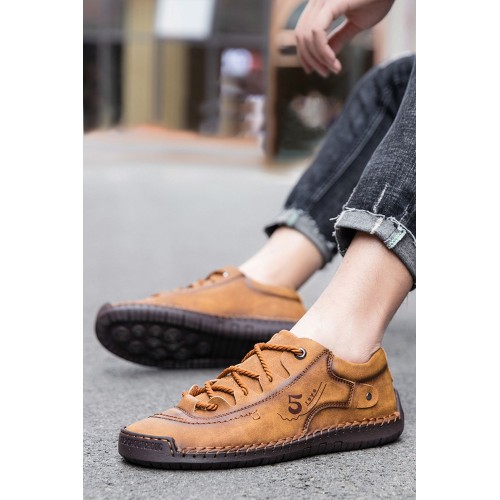 Men's Shoes - Brown Letter Stitch Trim Lace-up Men's Retro Shoes Men's Shoes - Brown Letter Stitch Trim Lace-up Men's Retro Shoes
