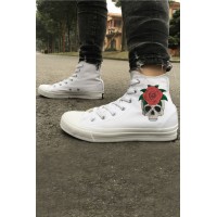 White Skull Floral Print High Top Men's Canvas Sneakers