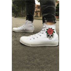 White Skull Floral Print High Top Men's Canvas Sneakers